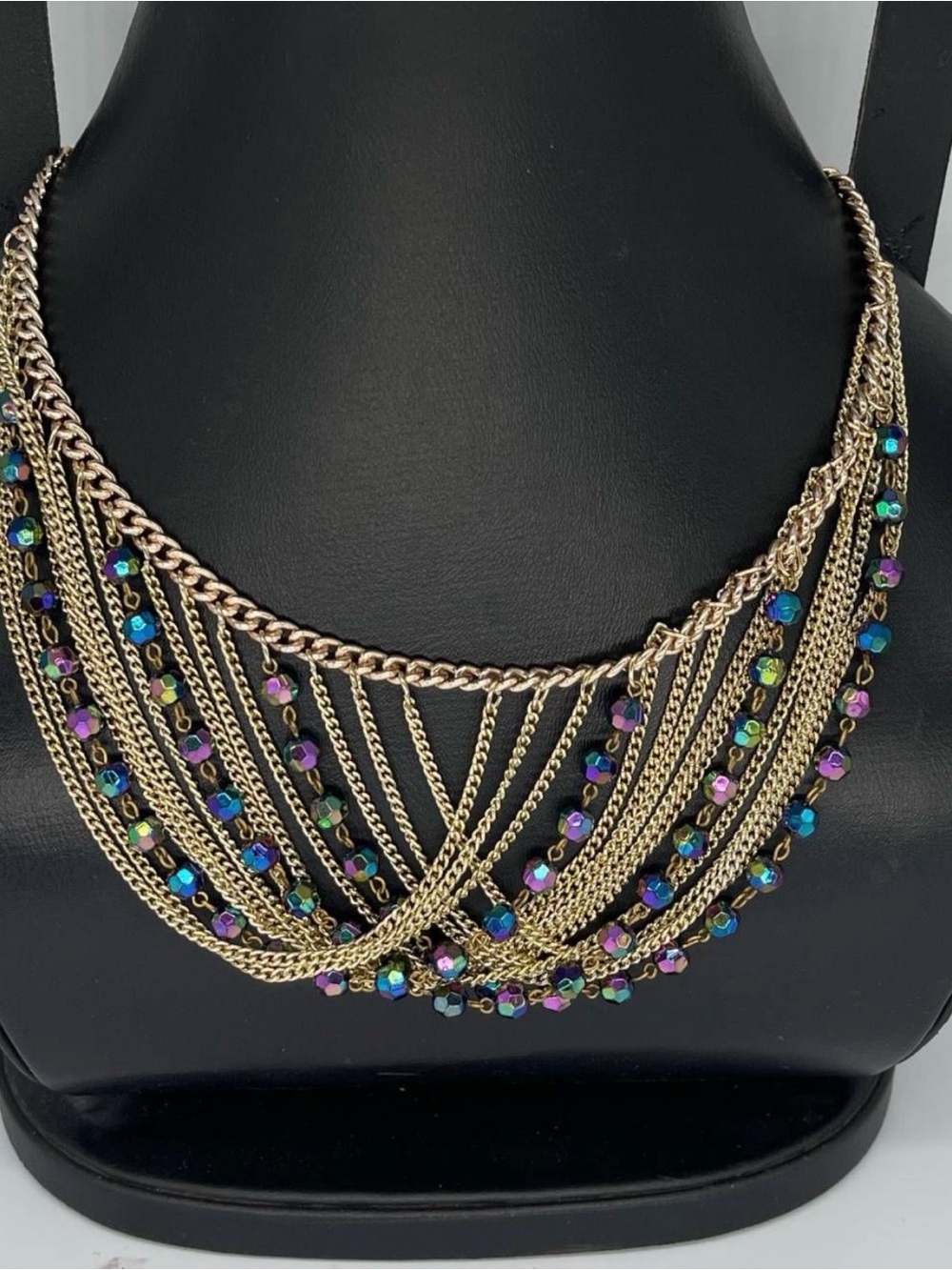Vintage West Germany Multi Strand Bib Necklace Aurora Borealis Glass Beads